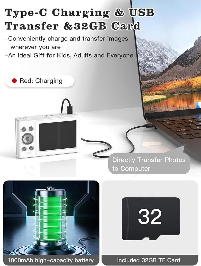 Fleafer Upgrade Digital Camera, 56MP FHD 1080P Camera for Kids with 32GB TF Card, Two Batteries, Lanyard, Compact Small Camera for Kids Boys Girls - Image 4